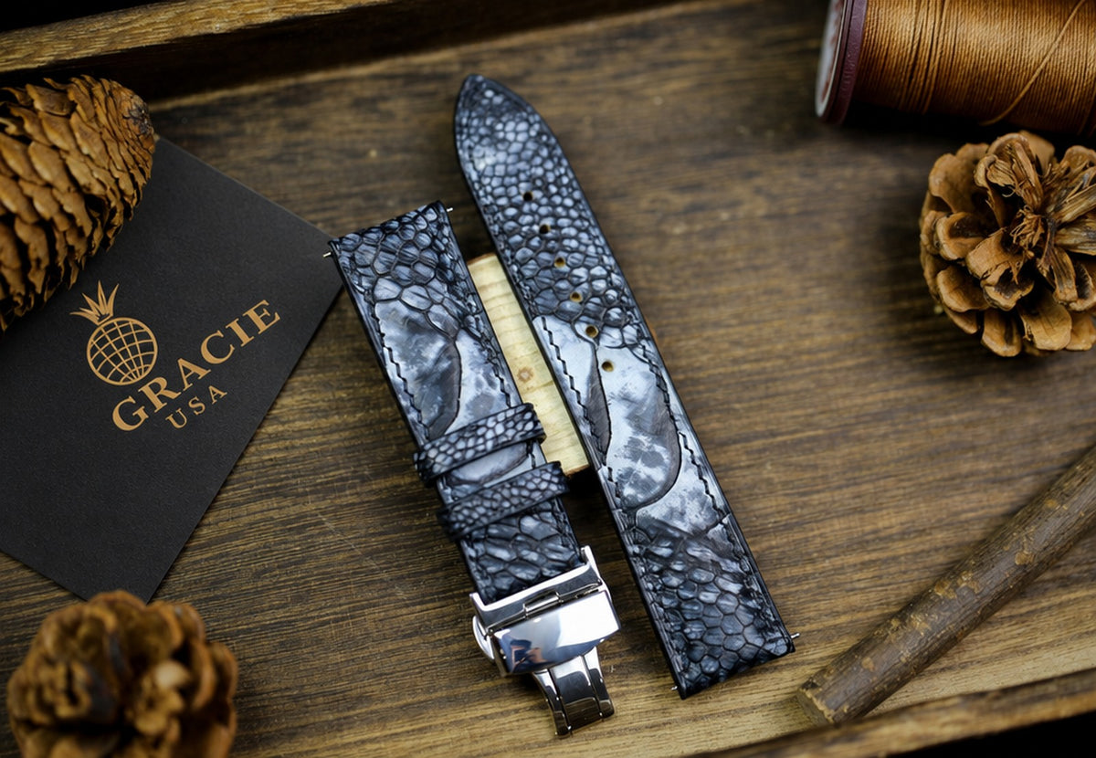 patina black ostrich leg leather watch strap