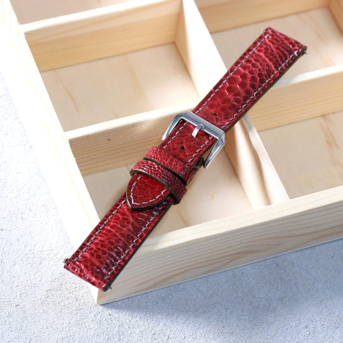 red ostrich leg leather watch strap
