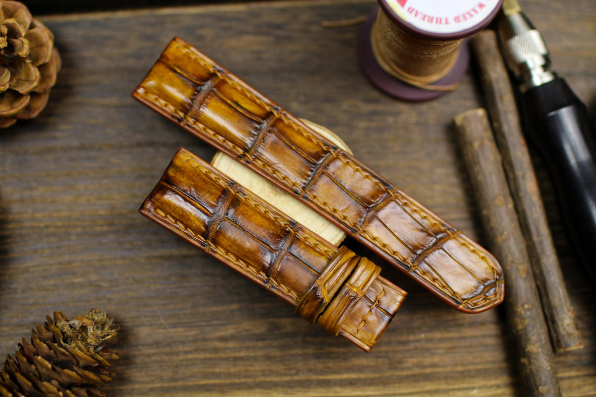 hand-dyed patina tan alligator leather watch strap, long and short piece