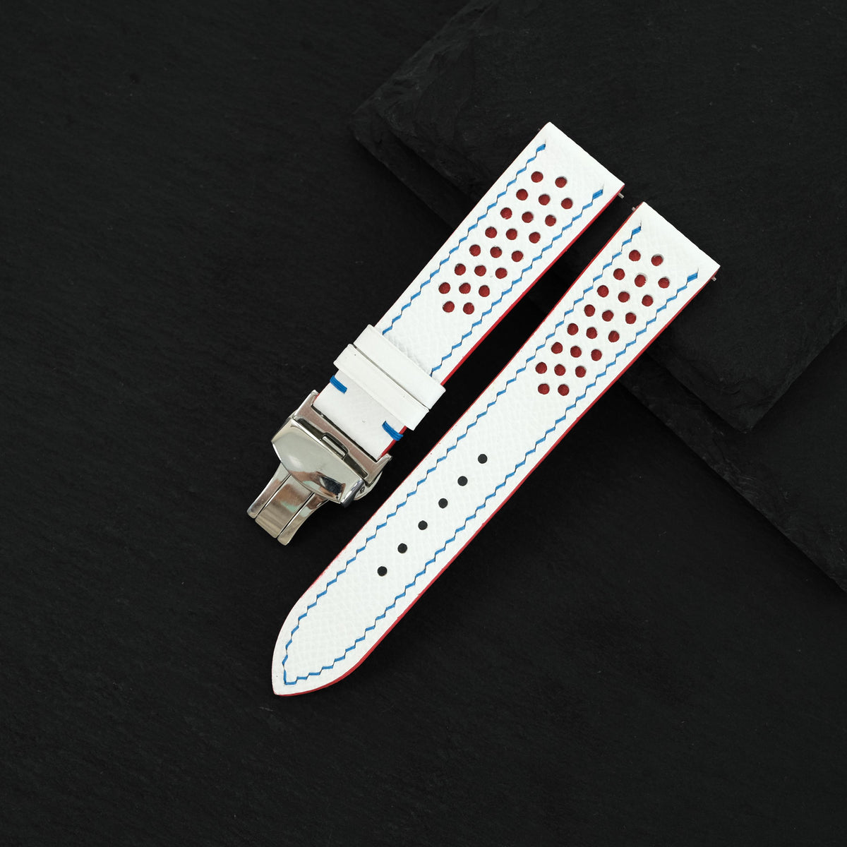 white & blue epsom leather watch strap