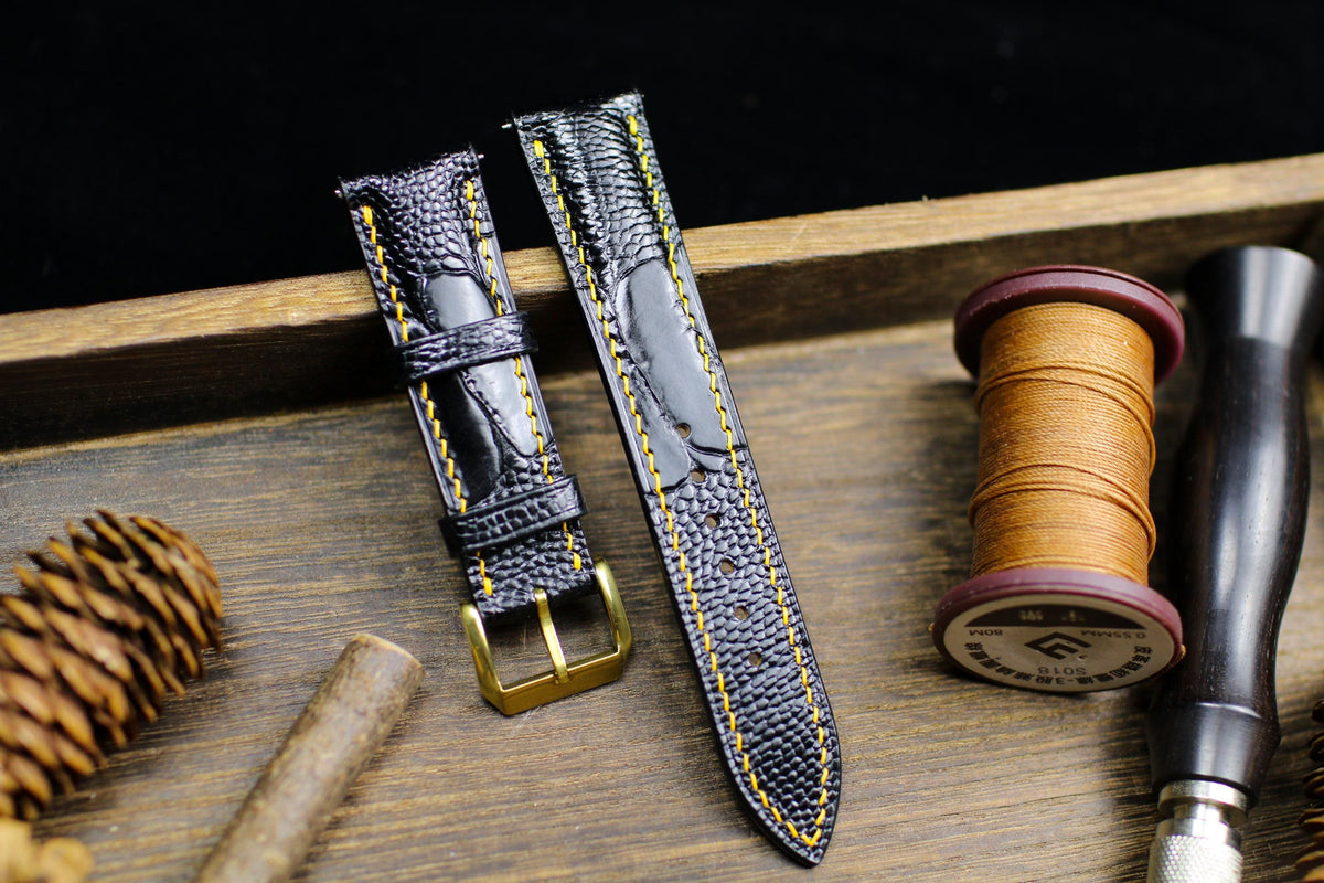 black ostrich leg leather watch strap