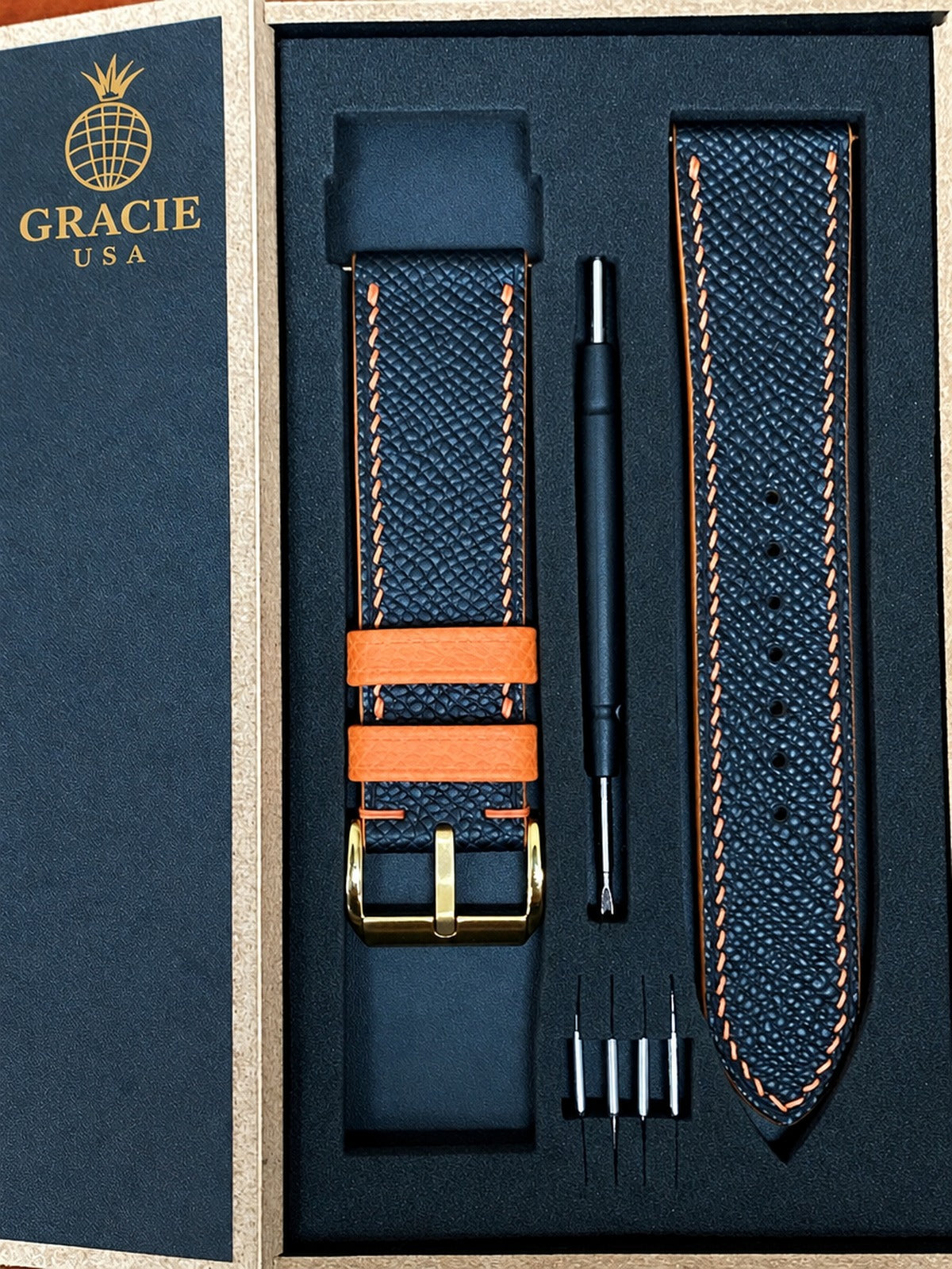 black & orange epsom leather watch strap