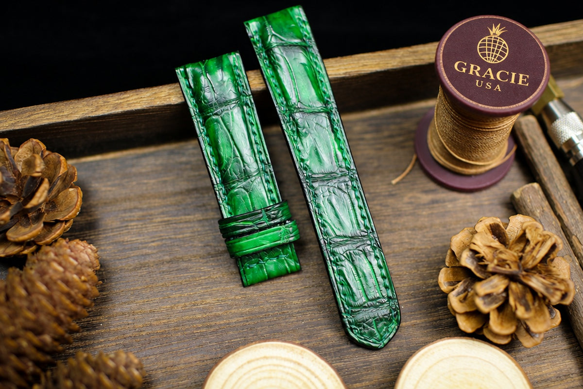 patina green alligator leather watch strap