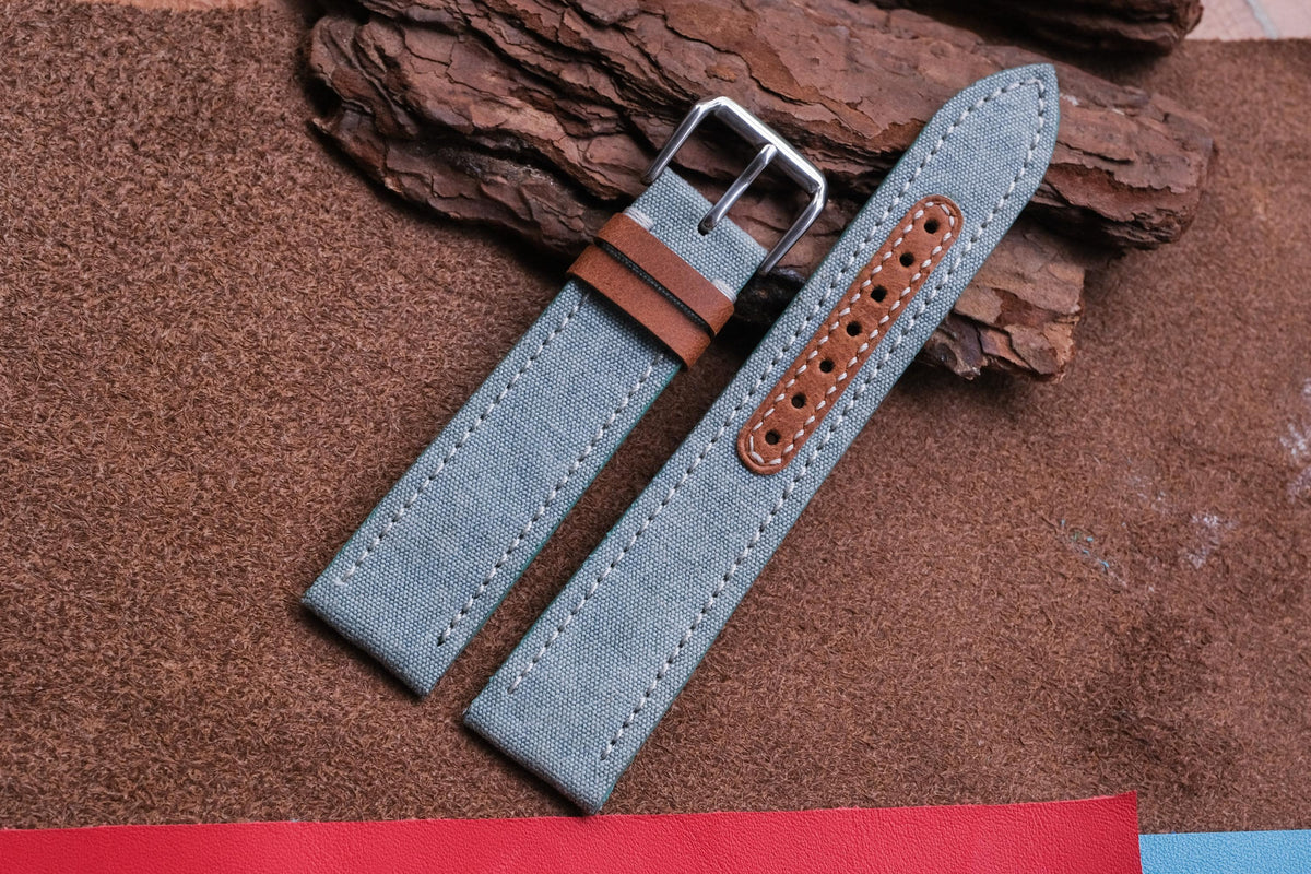 blue gray & brown canvas leather watch strap