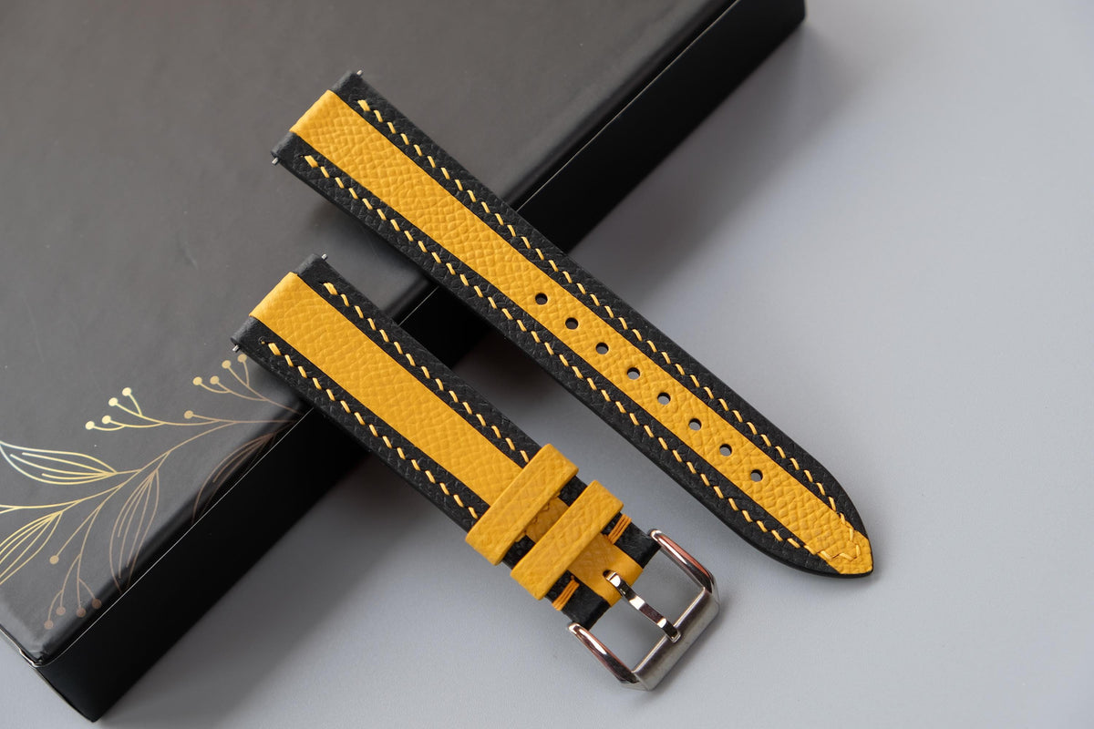 black & yellow epsom leather watch strap