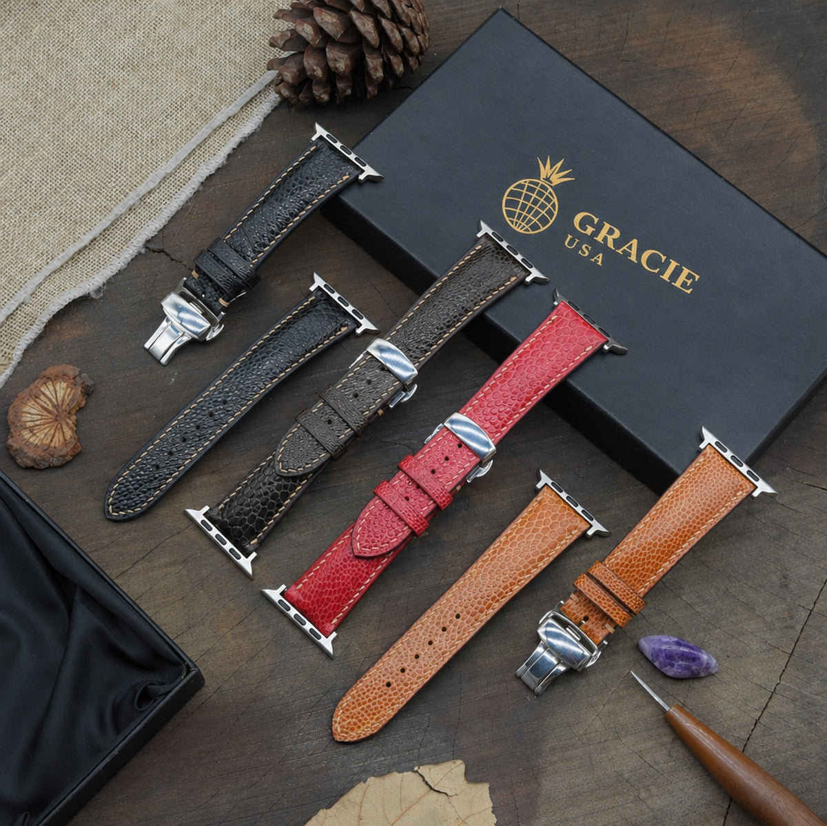 olive ostrich leg leather watch strap