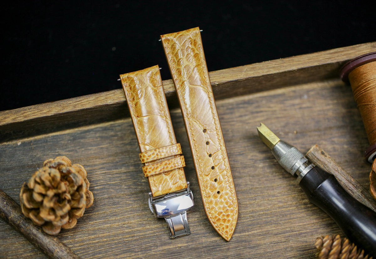 yellow brown ostrich leg leather watch strap