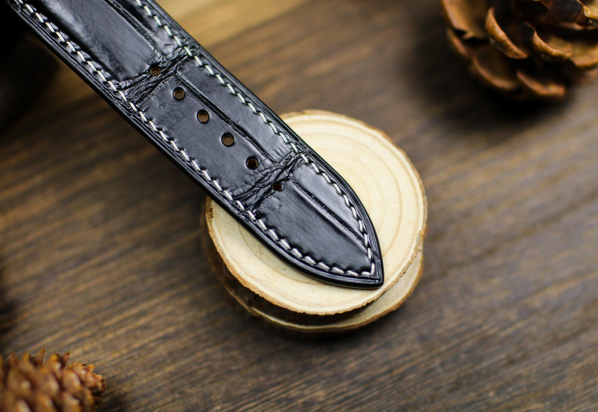 black alligator leather watch strap with white stitching – photo 2