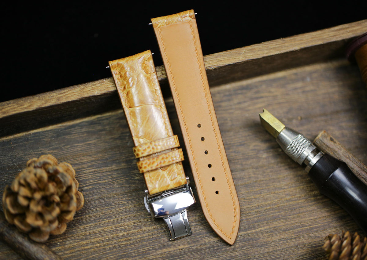 yellow brown ostrich leg leather watch strap – photo 2