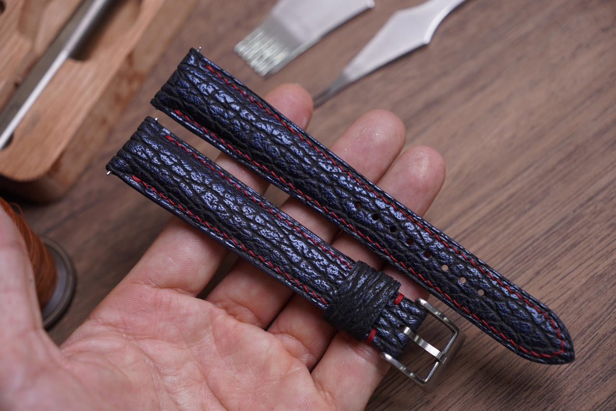 dark navy & red shark leather watch strap – photo 2