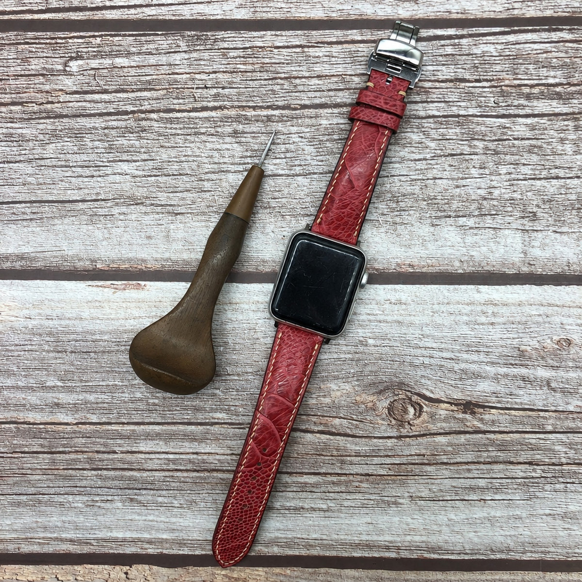 red ostrich leg leather watch strap – photo 3
