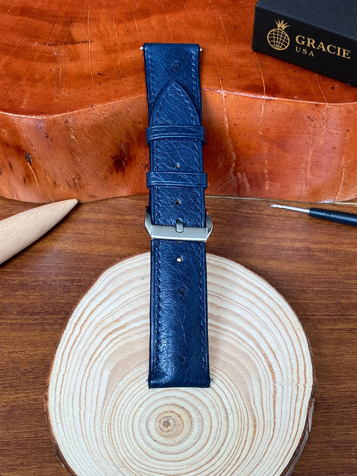 navy blue ostrich leather watch strap – photo 3