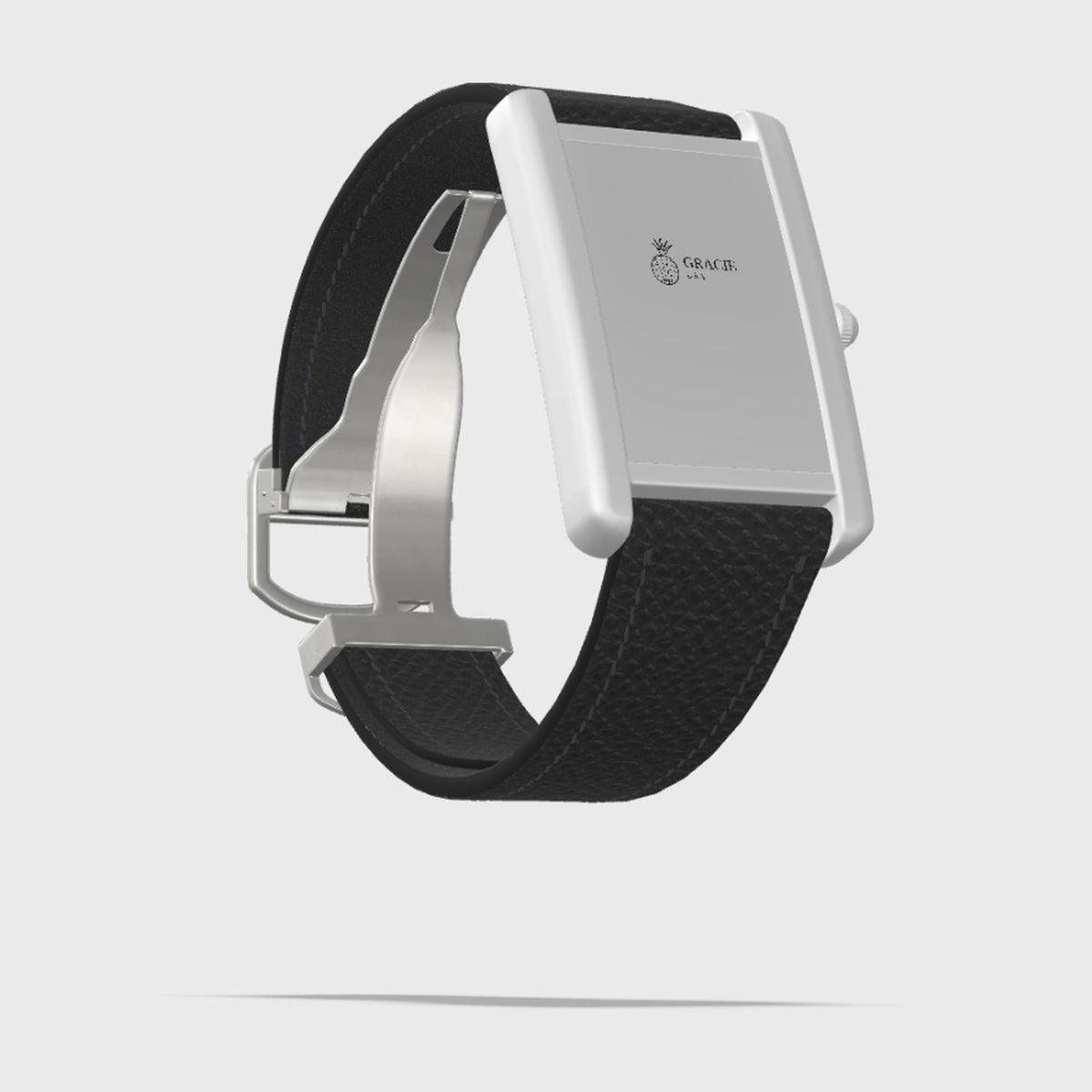 black epsom single folding leather watch strap, 3D preview
