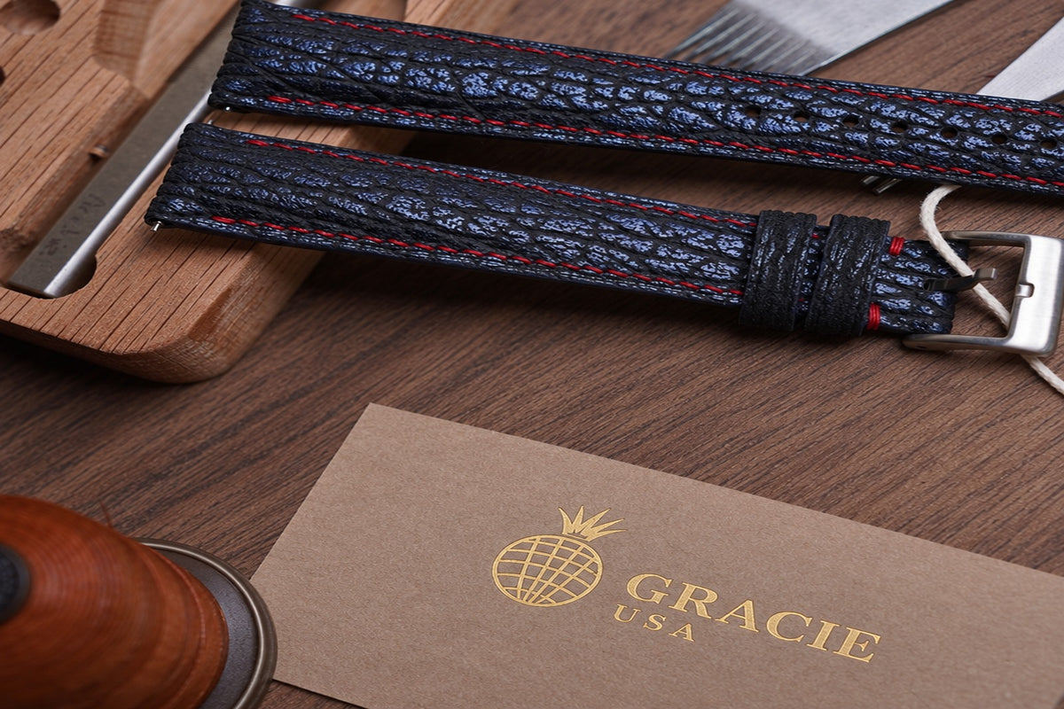 dark navy & red shark leather watch strap – photo 4
