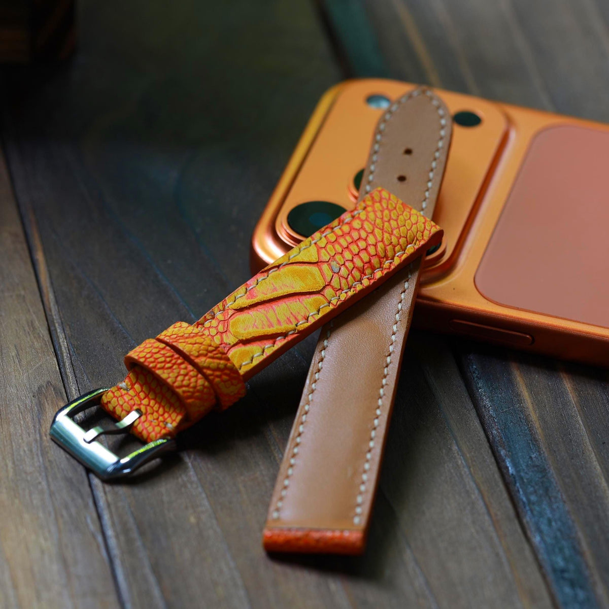 orange ostrich leg leather watch strap – photo 5