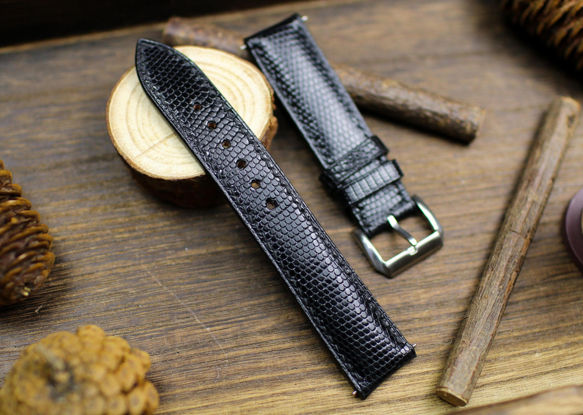 medium shine black lizard leather watch strap – photo 3