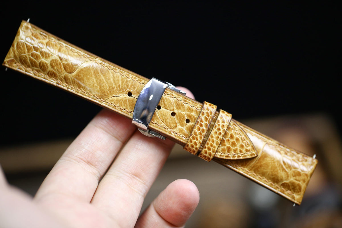 yellow brown ostrich leg leather watch strap – photo 3