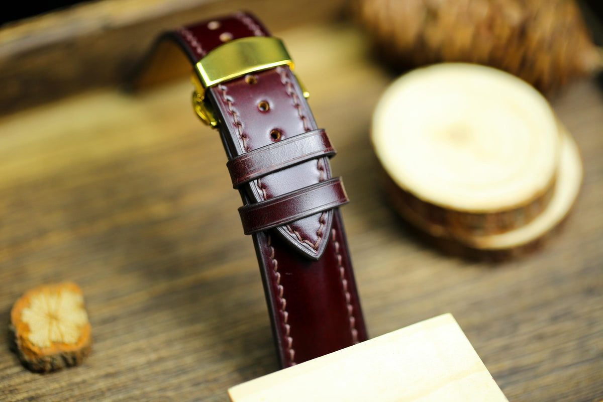 oxblood cherry red shell cordovan leather watch strap with gold clasp – photo 4