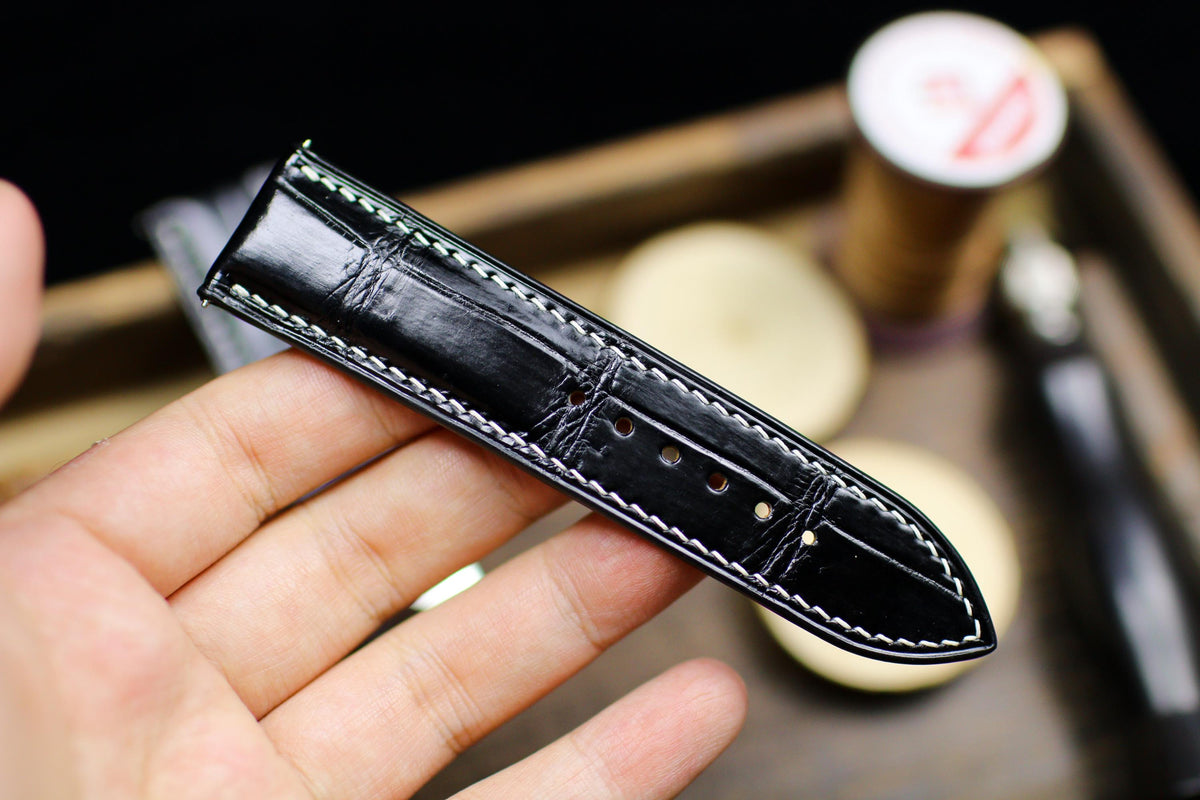 black alligator leather watch strap with white stitching – photo 4