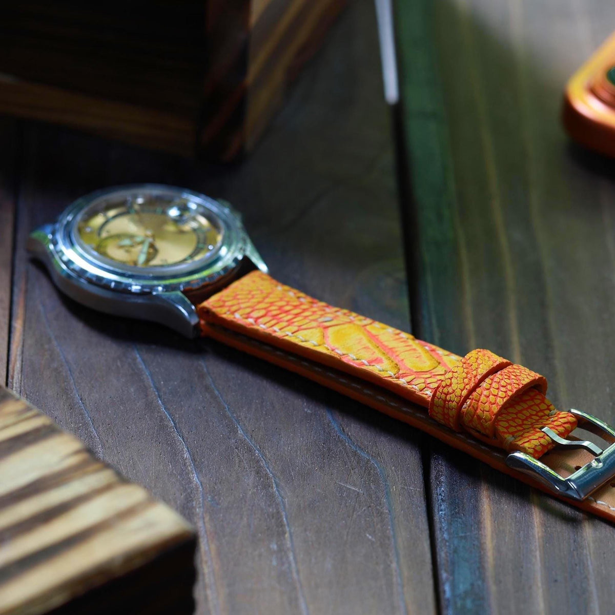 orange ostrich leg leather watch strap – photo 6