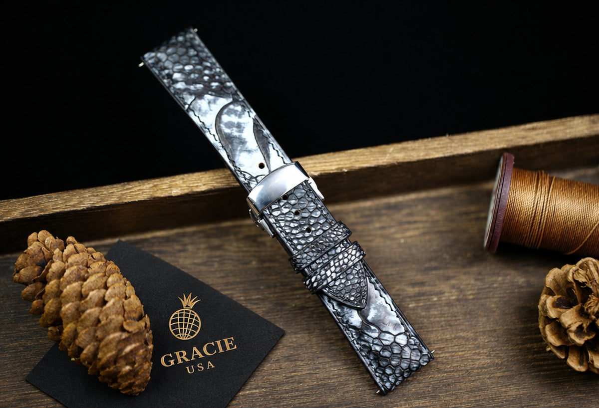 patina black ostrich leg leather watch strap – photo 4