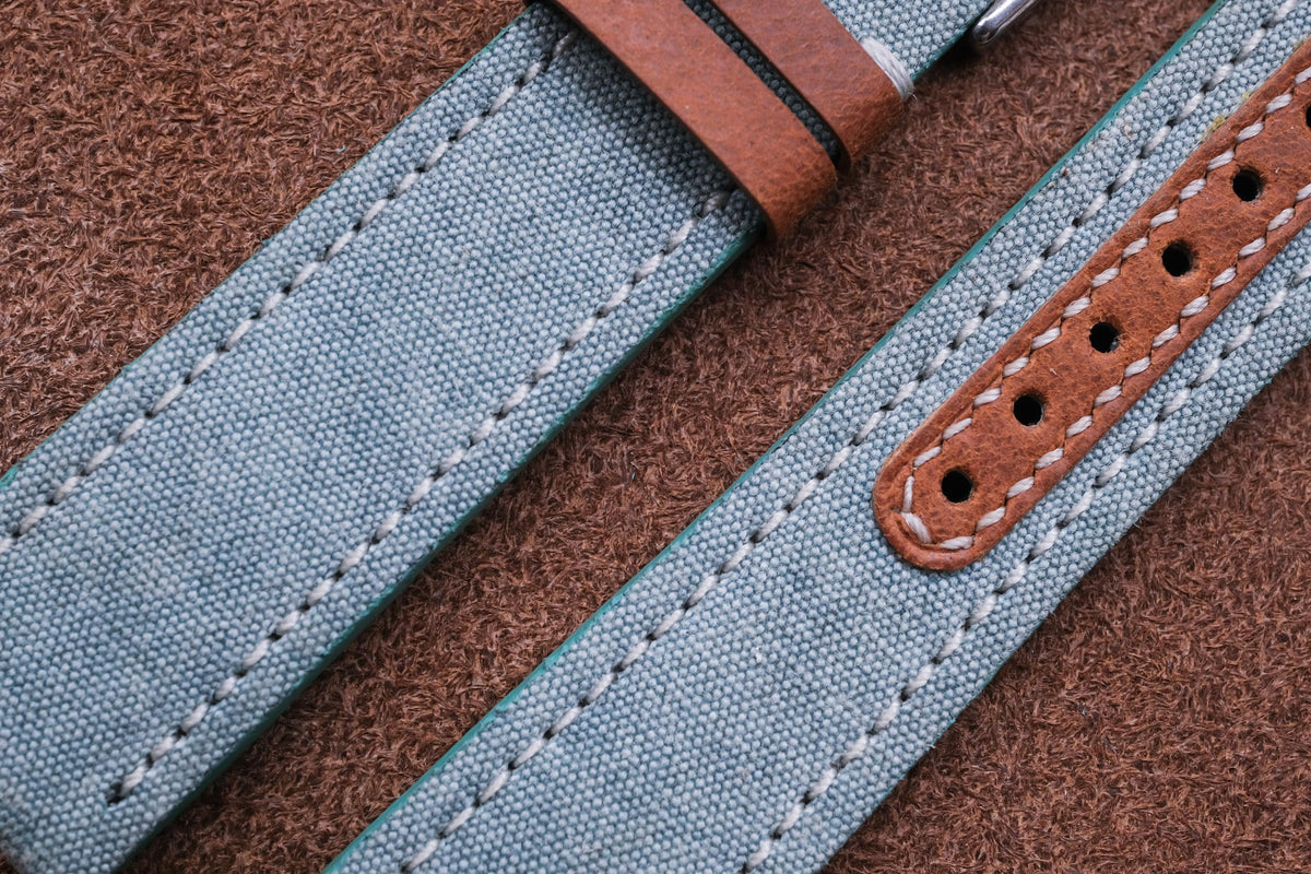 blue gray & brown canvas leather watch strap – photo 3