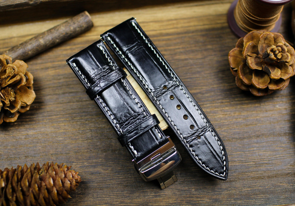black alligator leather watch strap with white stitching – photo 6