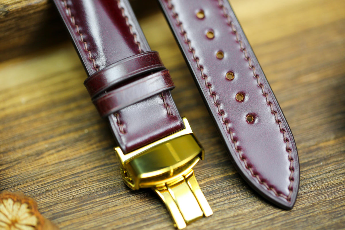 oxblood cherry red shell cordovan leather watch strap with gold clasp – photo 7
