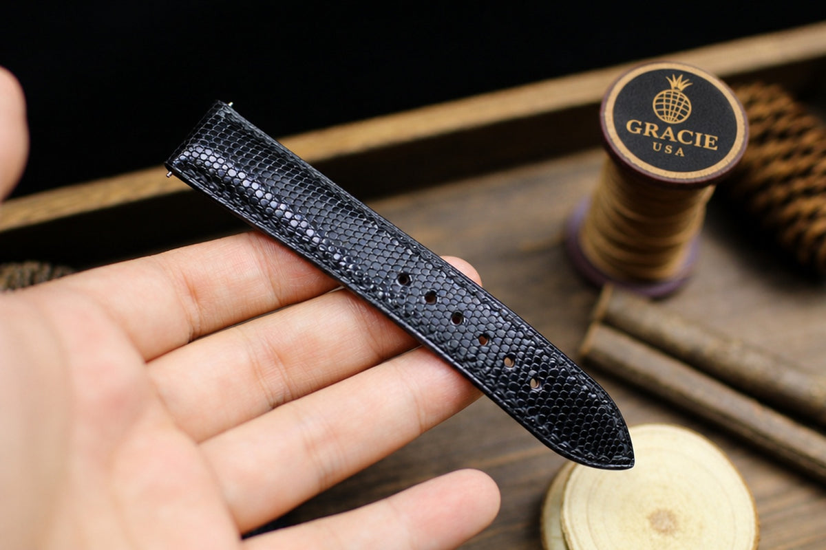 medium shine black lizard leather watch strap – photo 8