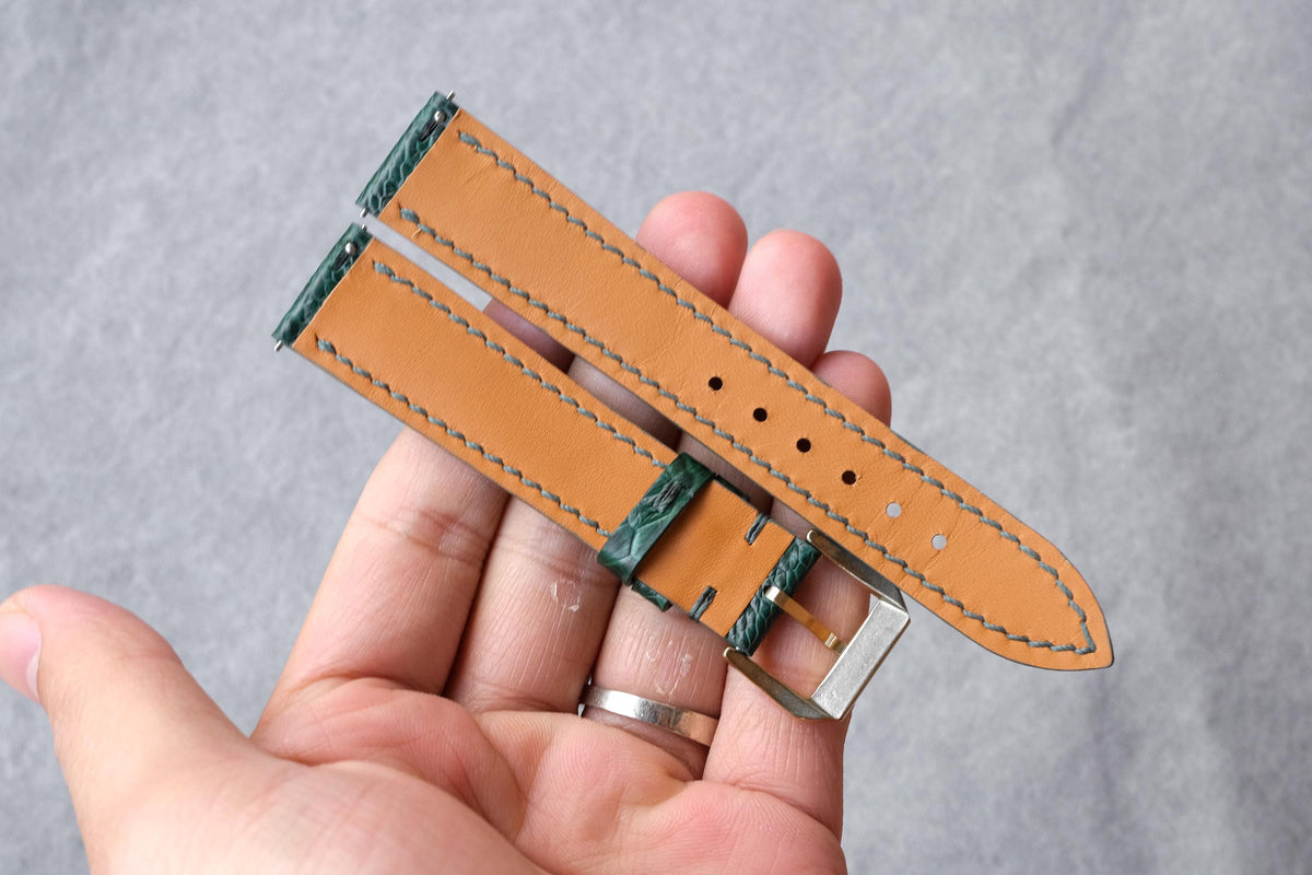 polished green ostrich leg leather watch strap – photo 8