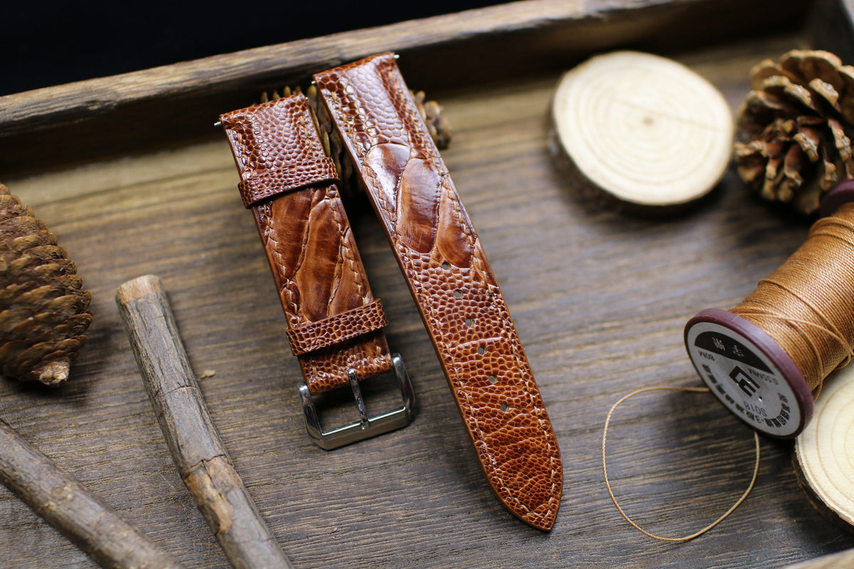 British tan ostrich leg leather watch strap with waxed thread spool