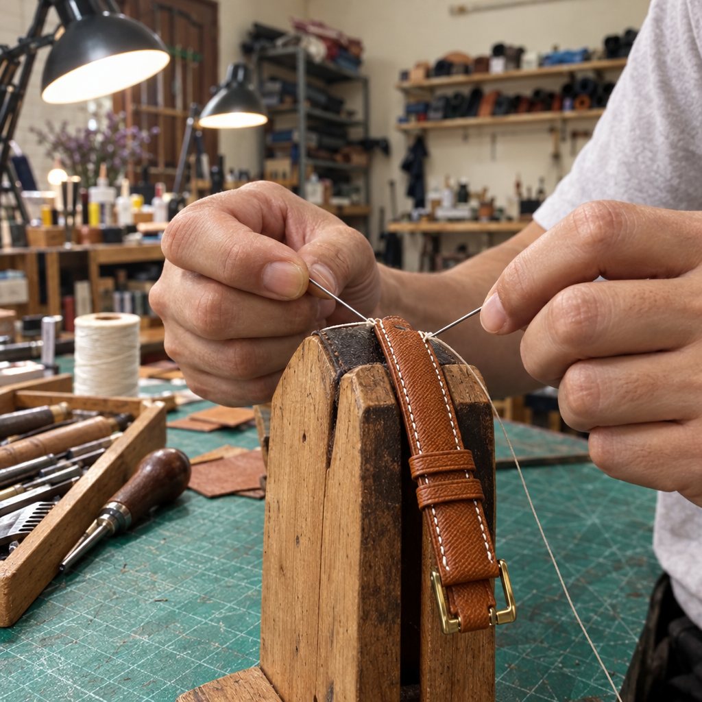 Hand-stitching a leather watch strap in our Saigon workshop