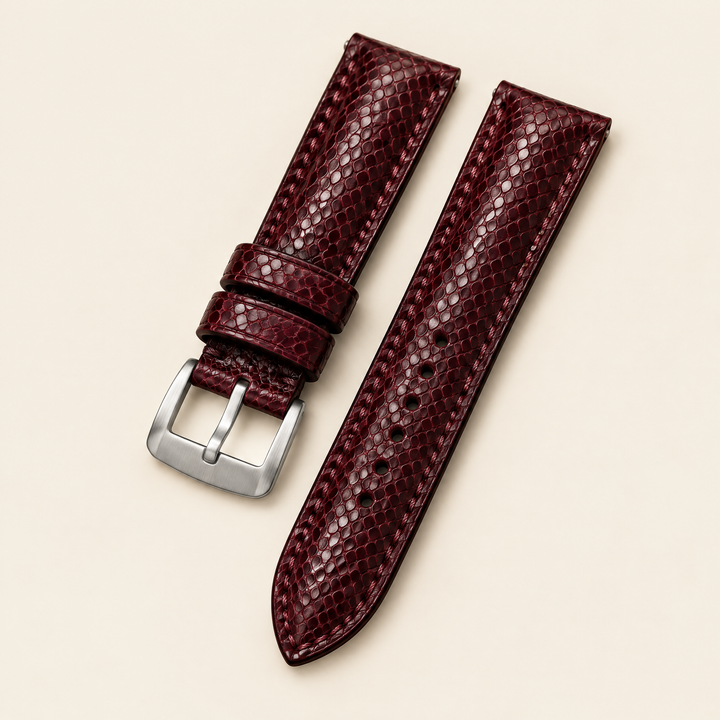 Burgundy Oxblood Sea Snake Leather Watch Strap – Handstitched, Padded