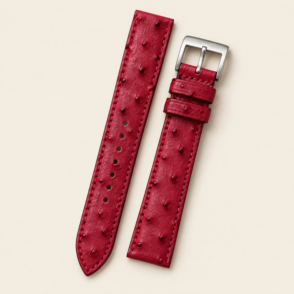 Raspberry Red Ostrich Leather Watch Strap – Handstitched