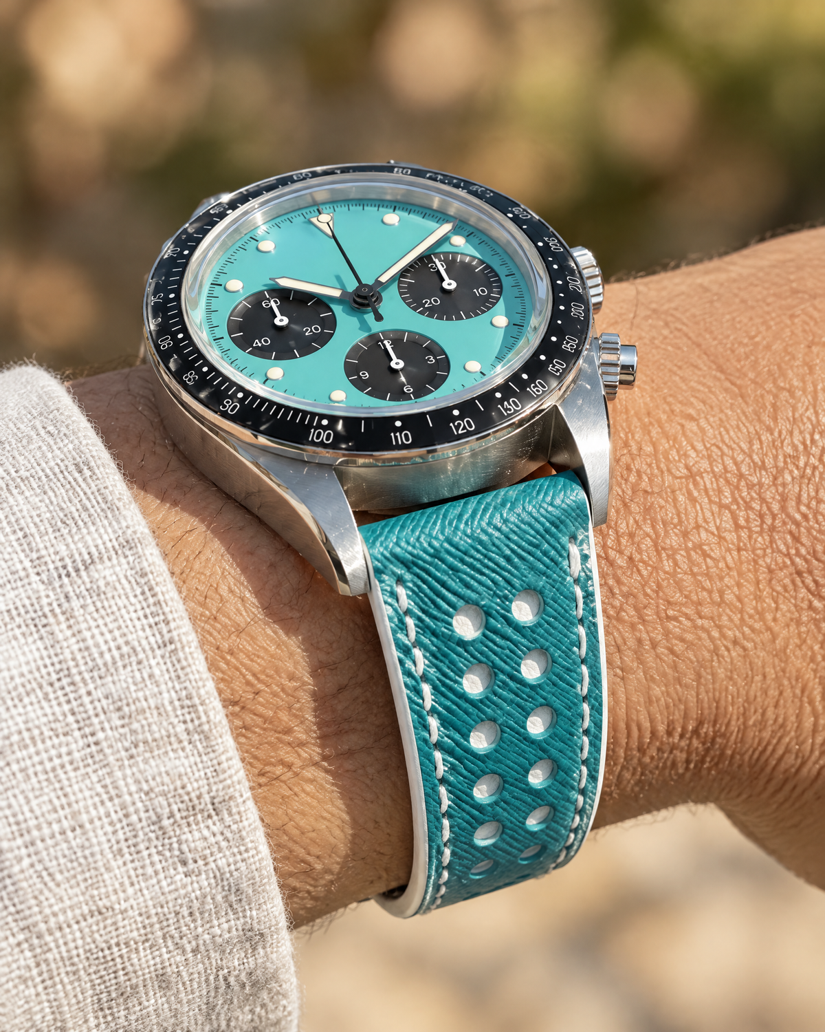 Turquoise & White Rally Watch Strap – Handstitched Epsom Leather with Racing Holes