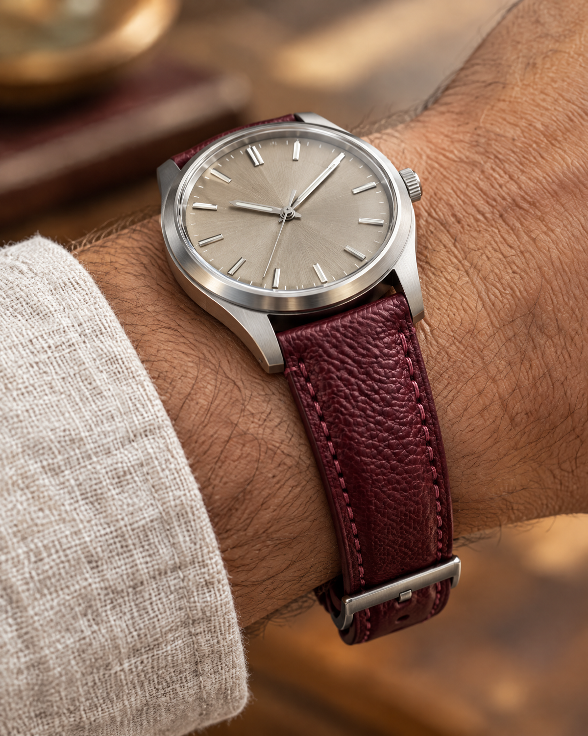 Burgundy Togo Leather Watch Strap – Handstitched, Padded