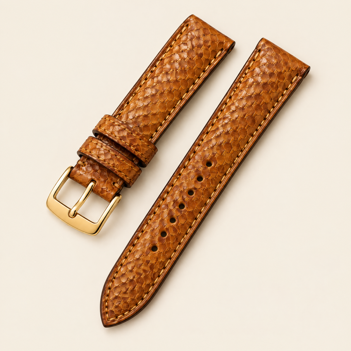 Golden Cognac Scale Ostrich Leg Leather Watch Strap – Handstitched