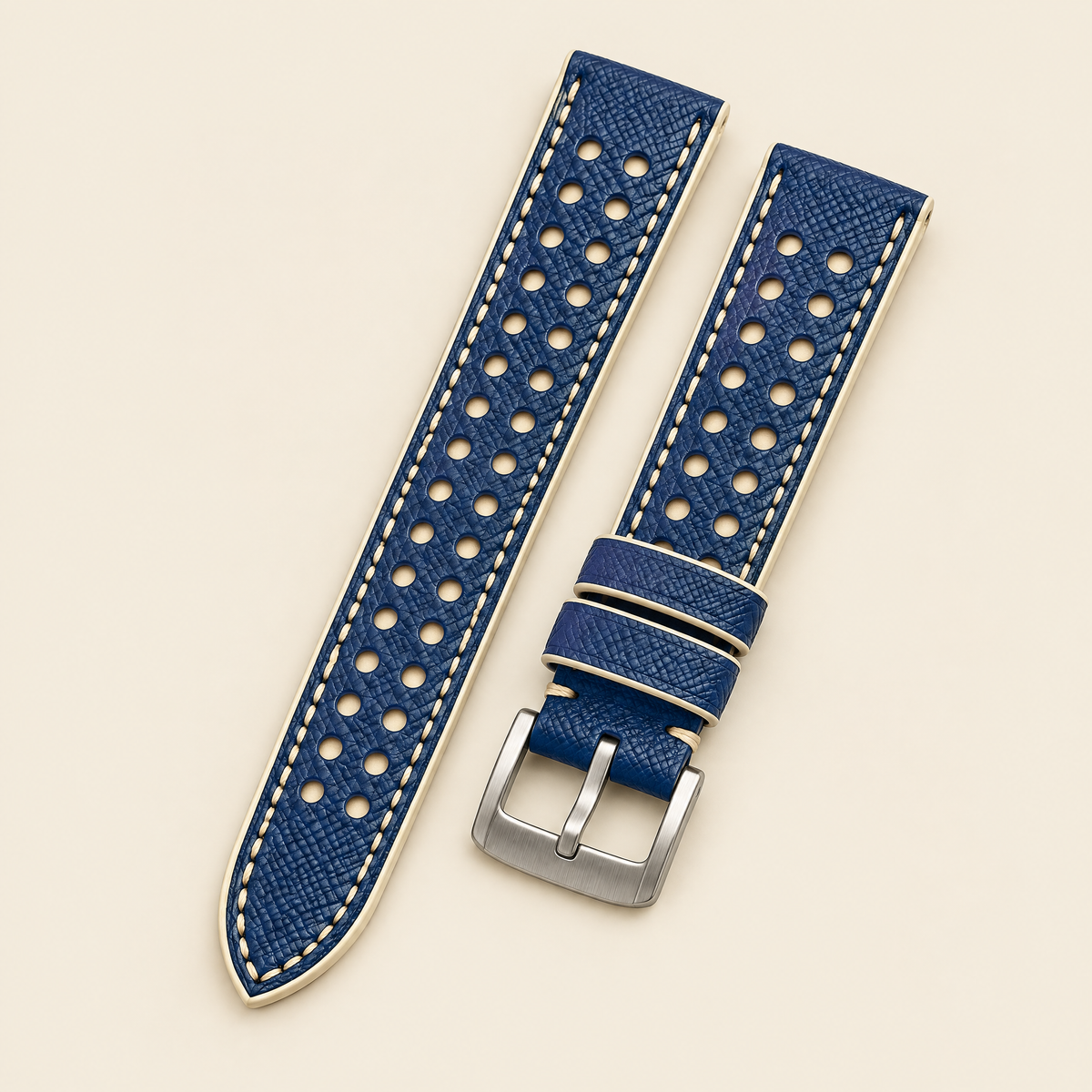 Blue & Cream Rally Watch Strap – Handstitched Epsom Leather with Racing Holes