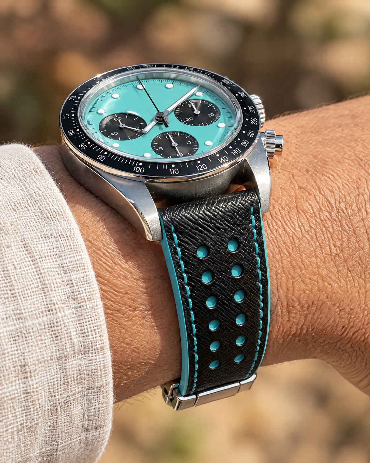 Black Turquoise Rally Watch Strap – Handstitched Epsom Leather with Racing Holes with Deployant Clasp