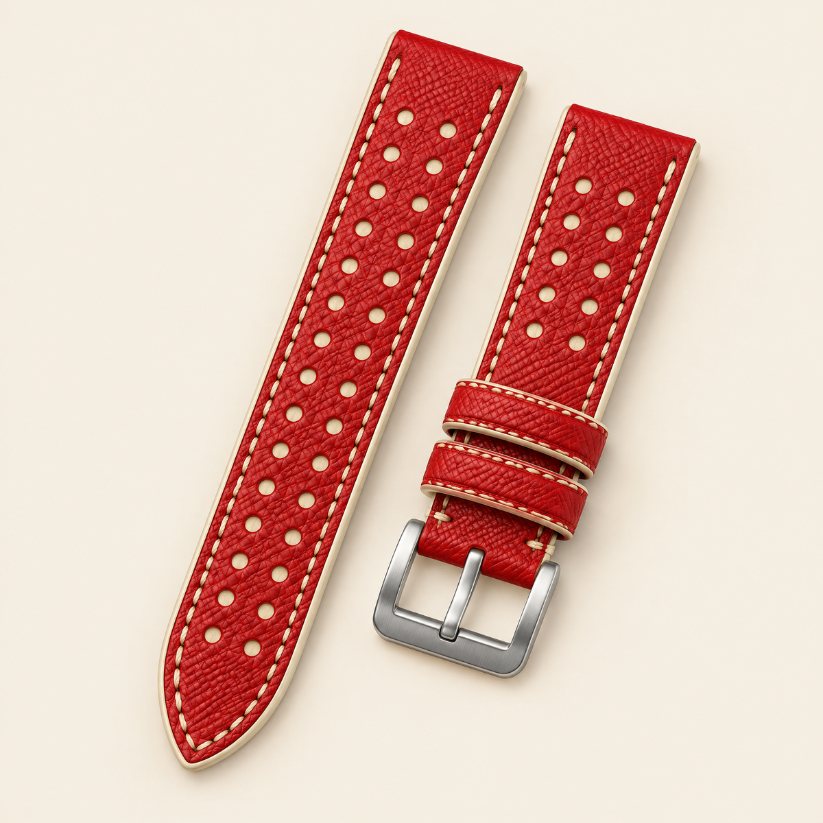 Red & Cream Rally Watch Strap – Handstitched Epsom Leather with Racing Holes