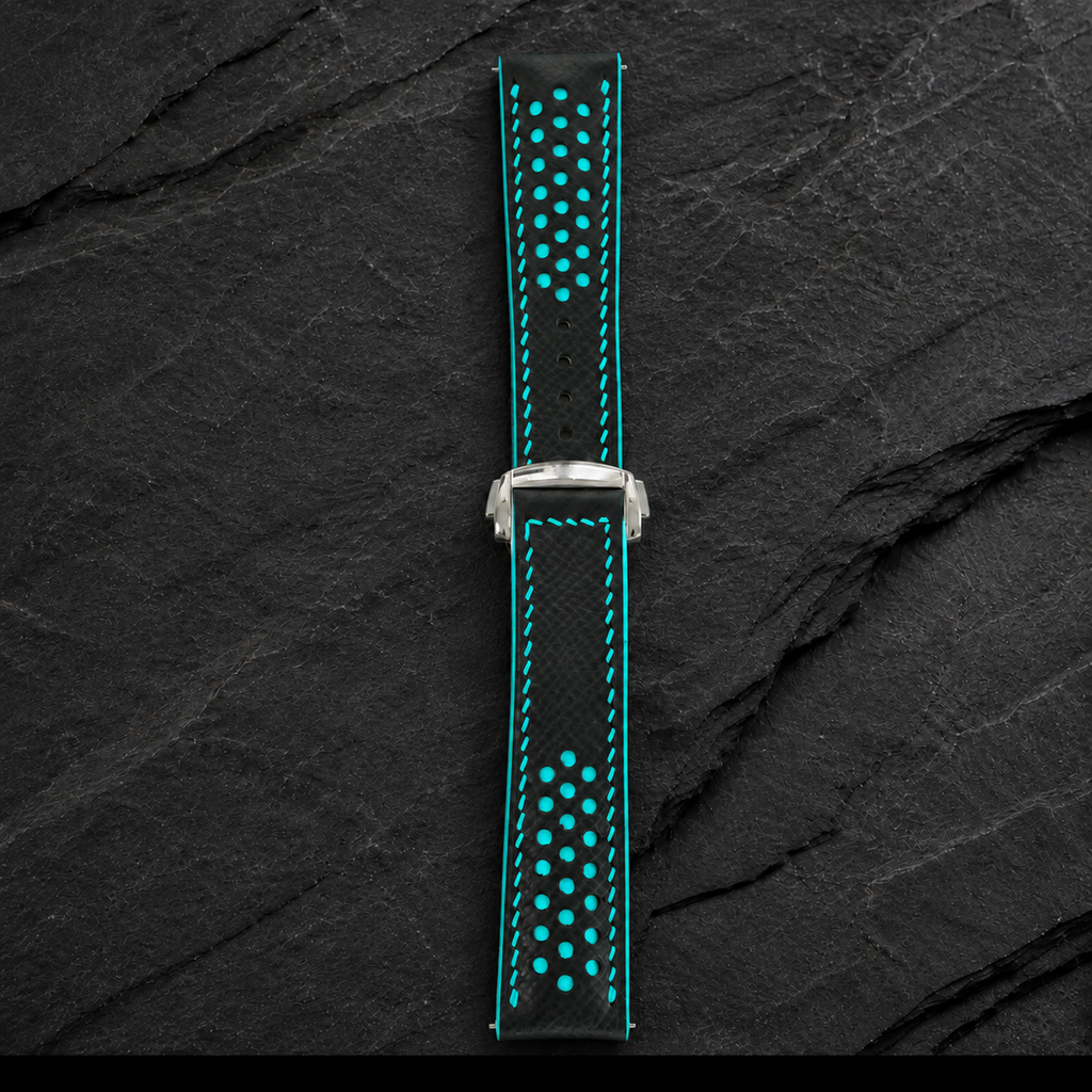 Deployant Black Turquoise Racing Holes Rally Epsom Leather Watch Strap