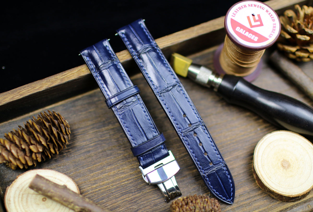 navy blue alligator leather watch strap, long and short piece