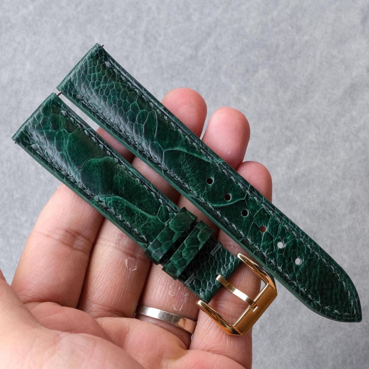polished green ostrich leg leather watch strap