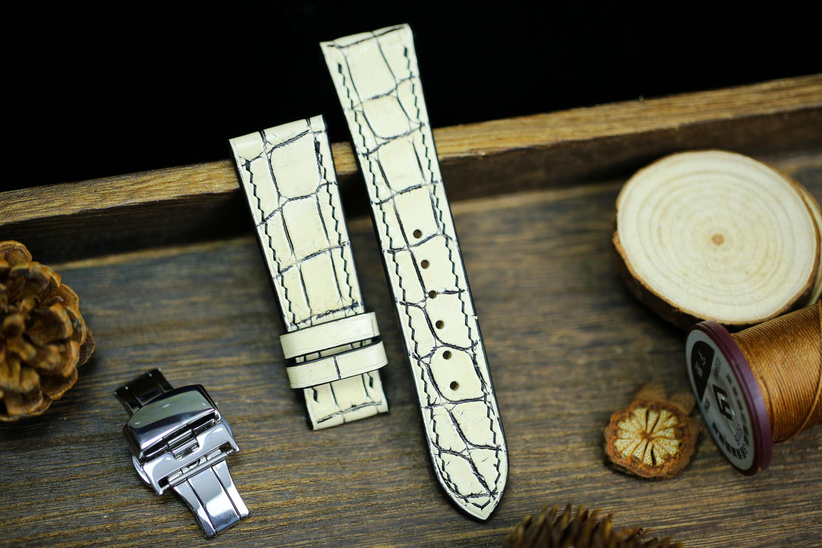 white & black alligator leather watch strap