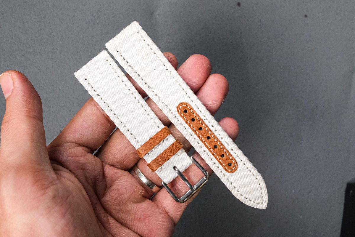 off white & brown canvas leather watch strap