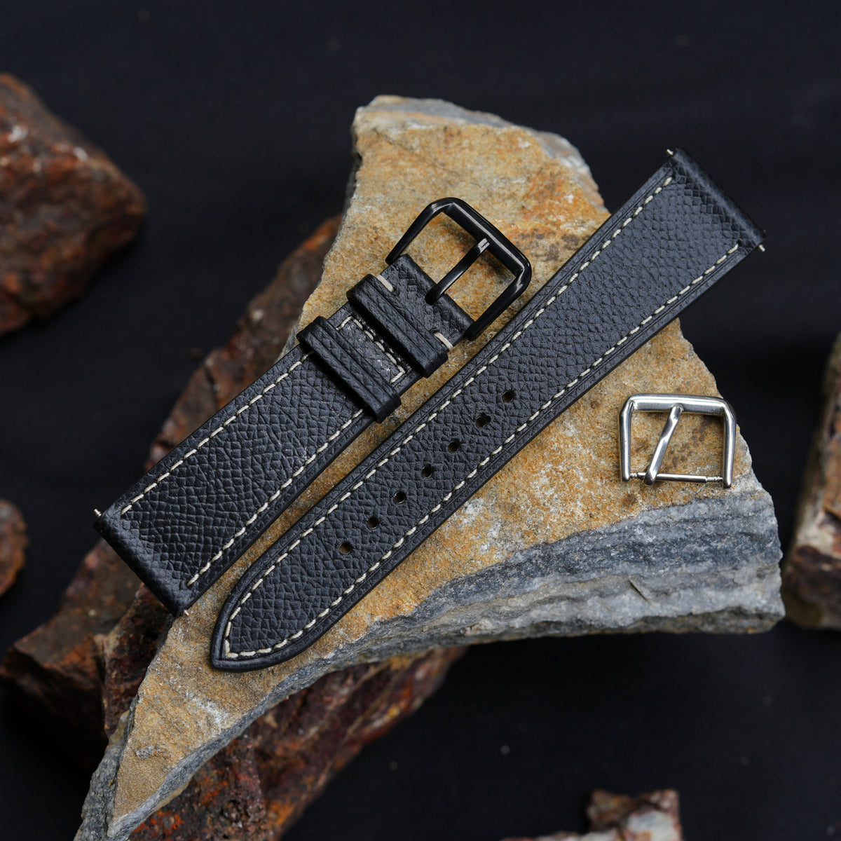 black ostrich leg leather watch strap