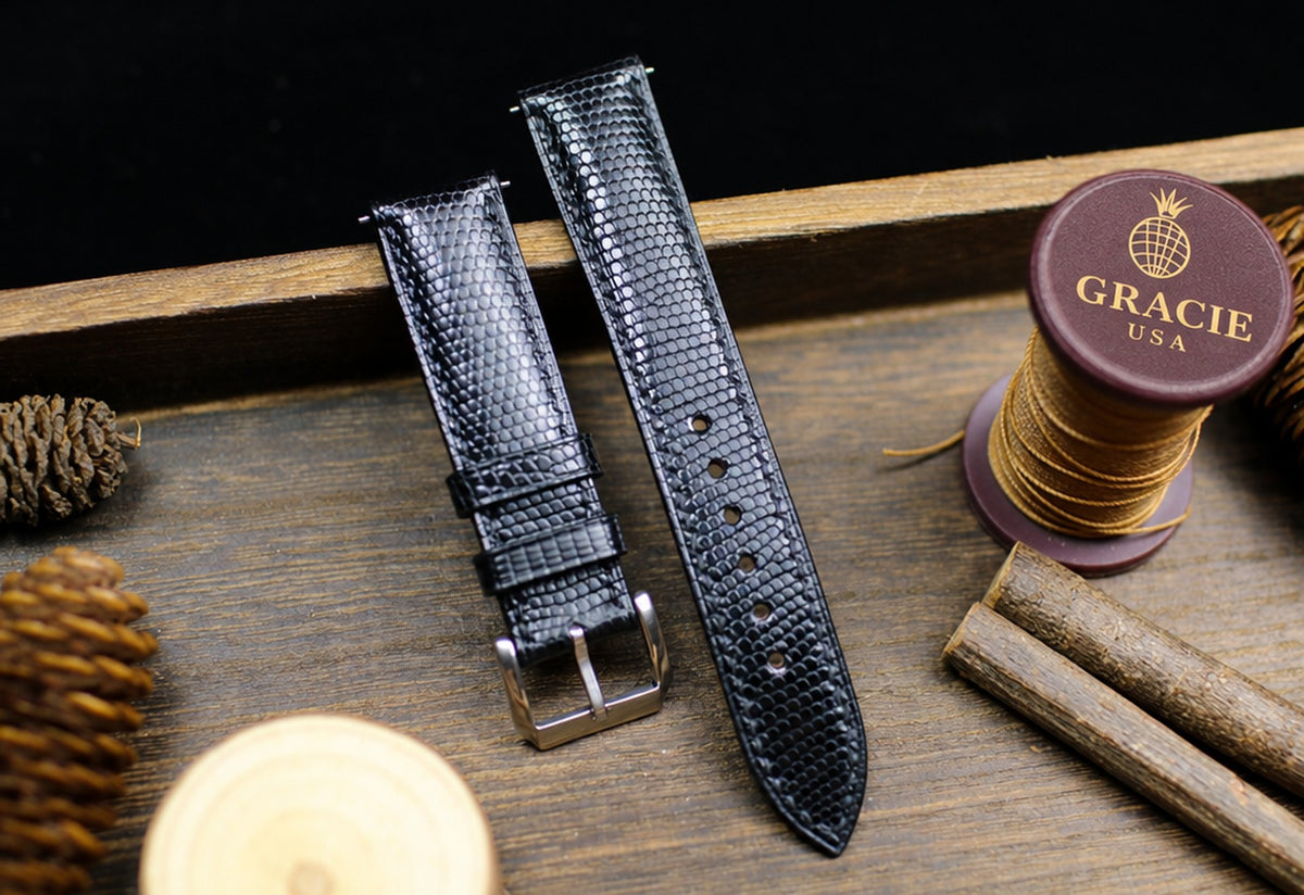 medium shine black lizard leather watch strap