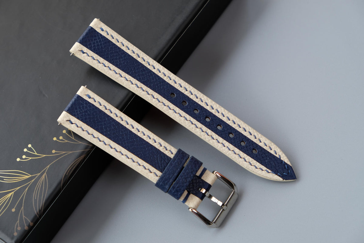 white & navy epsom leather watch strap