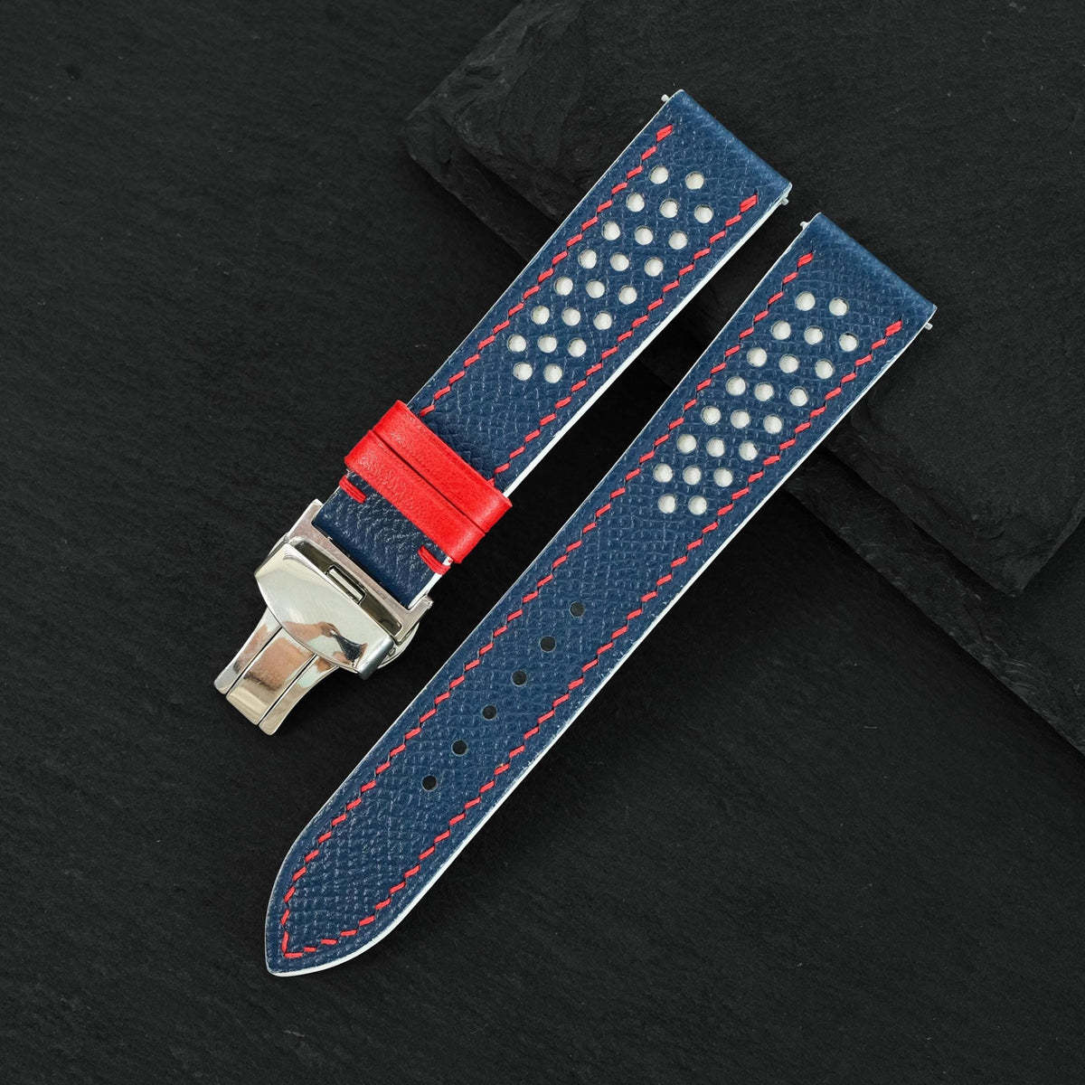 navy & red epsom leather watch strap