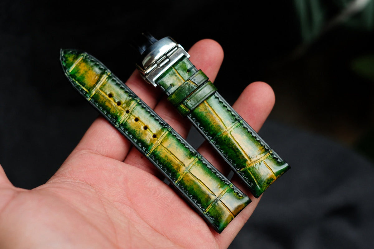 patina tan green alligator leather watch strap